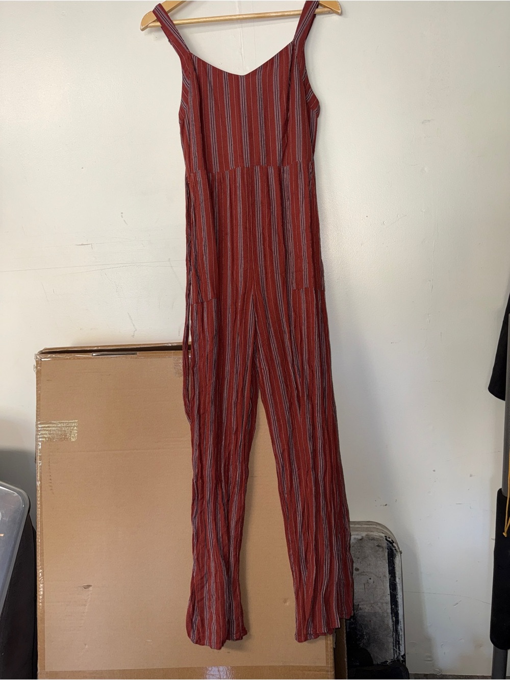 American Eagle Outfitters Rust-Red Striped Wide-Leg Jumpsuit